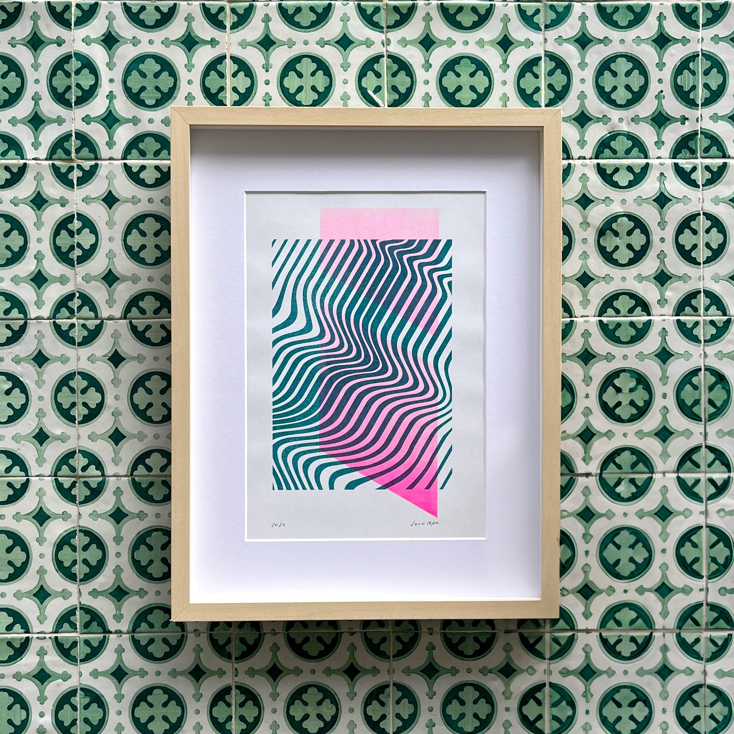 Limited edition poster Volna in teal and pink with azulejo background