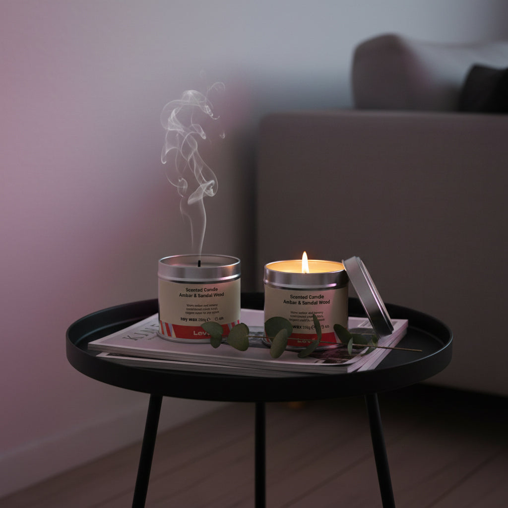 Two scented candles ambar and sandal wood by levo on a small round table with a blurred background