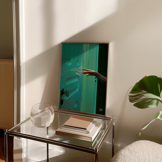 Photo with modern glass table with a mirror, books, and a vase in a minimalistic room.