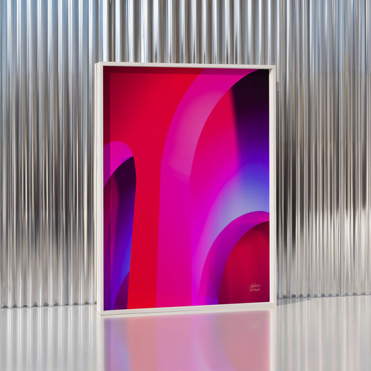 Framed abstract fine art photography with pink and purple design on a metallic wall.