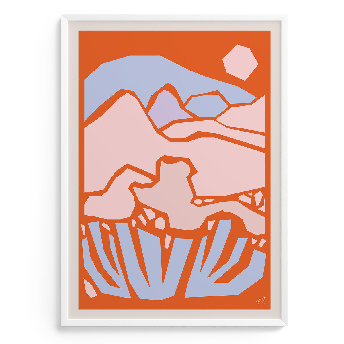 Framed abstract art print with geometric shapes on a white background