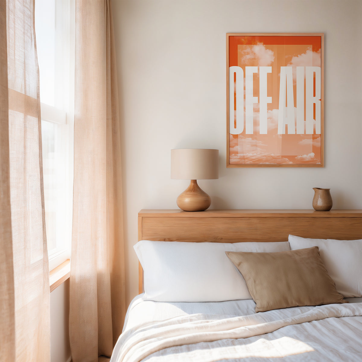 orange interior poster with a background of clouds and the inscription off air in a bedroom