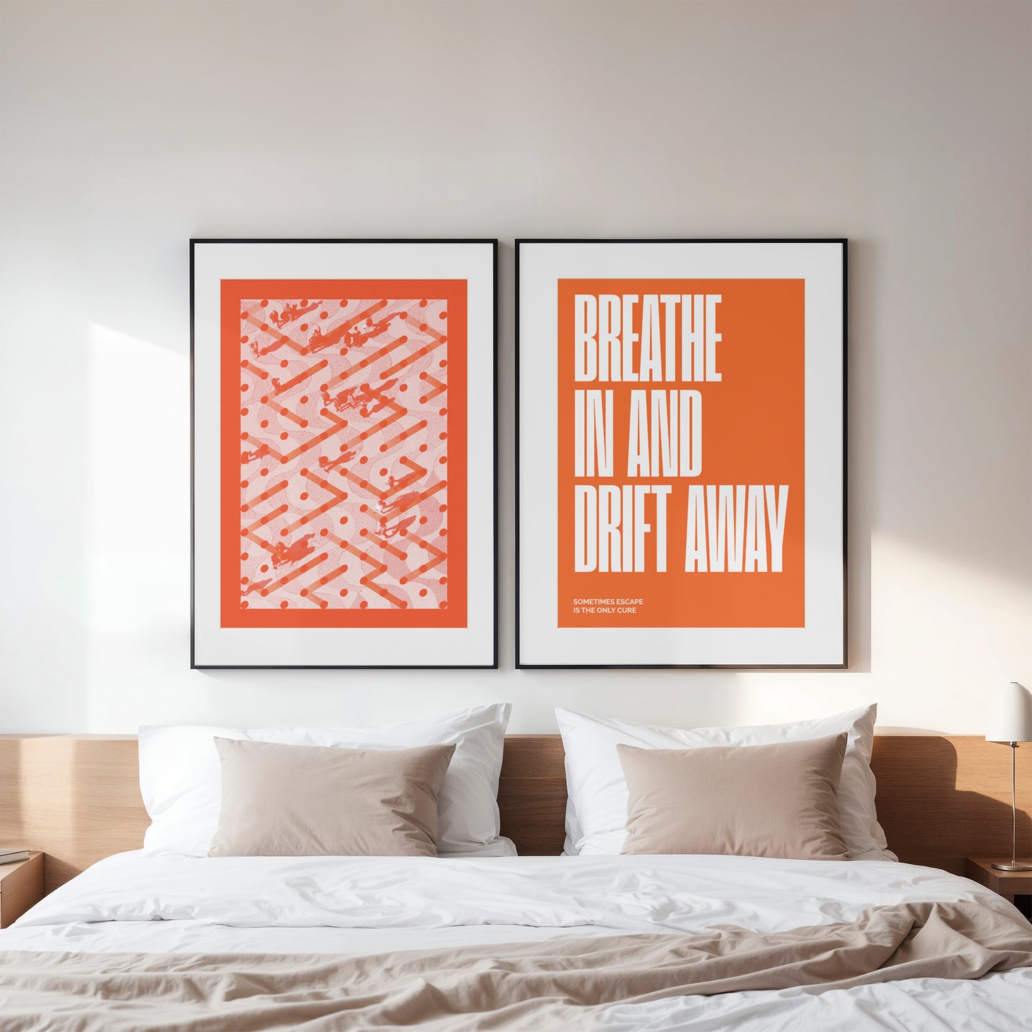 set of 2 orange interior posters in a bedroom wall art by Levӧ