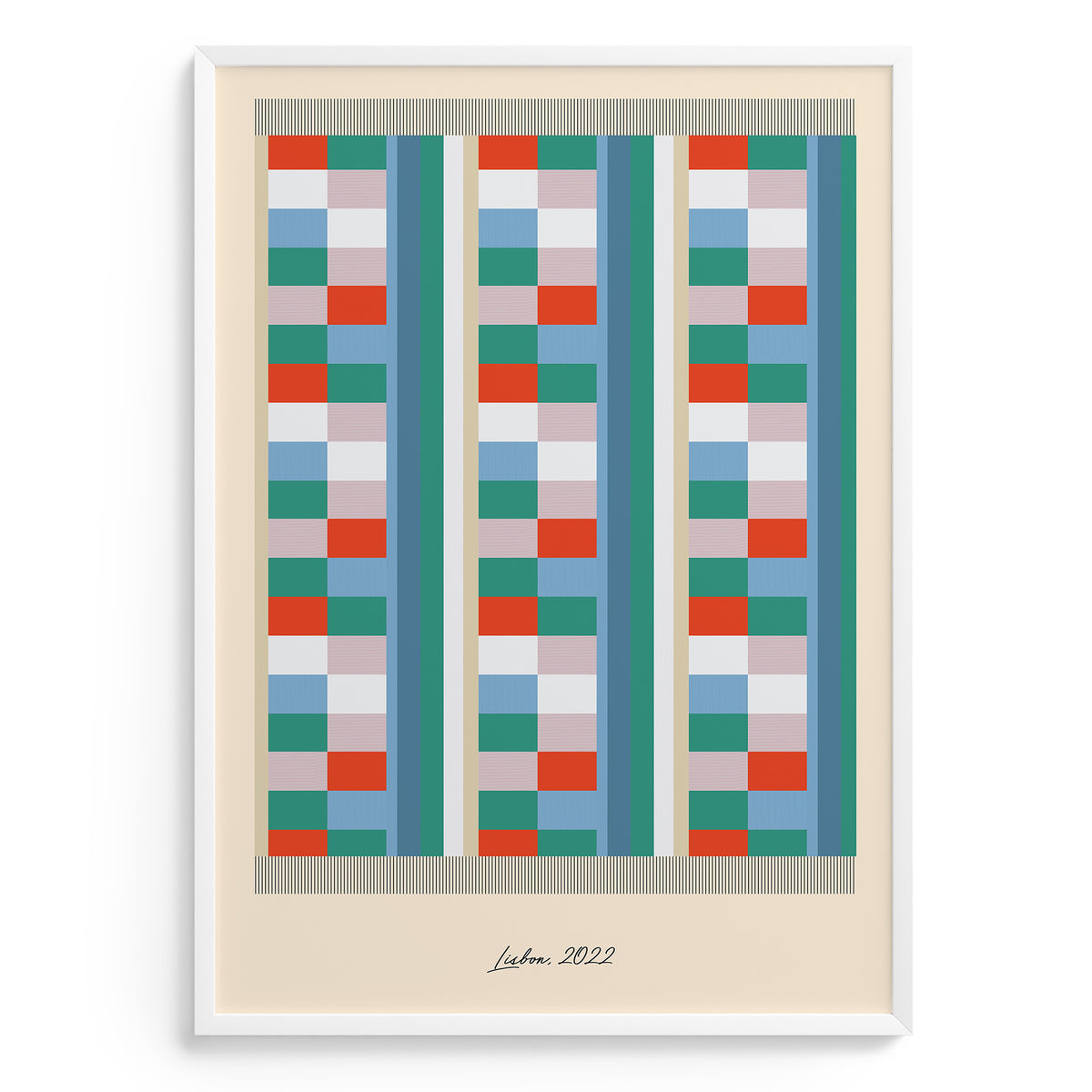 Framed abstract art print with geometric pattern on a beige background