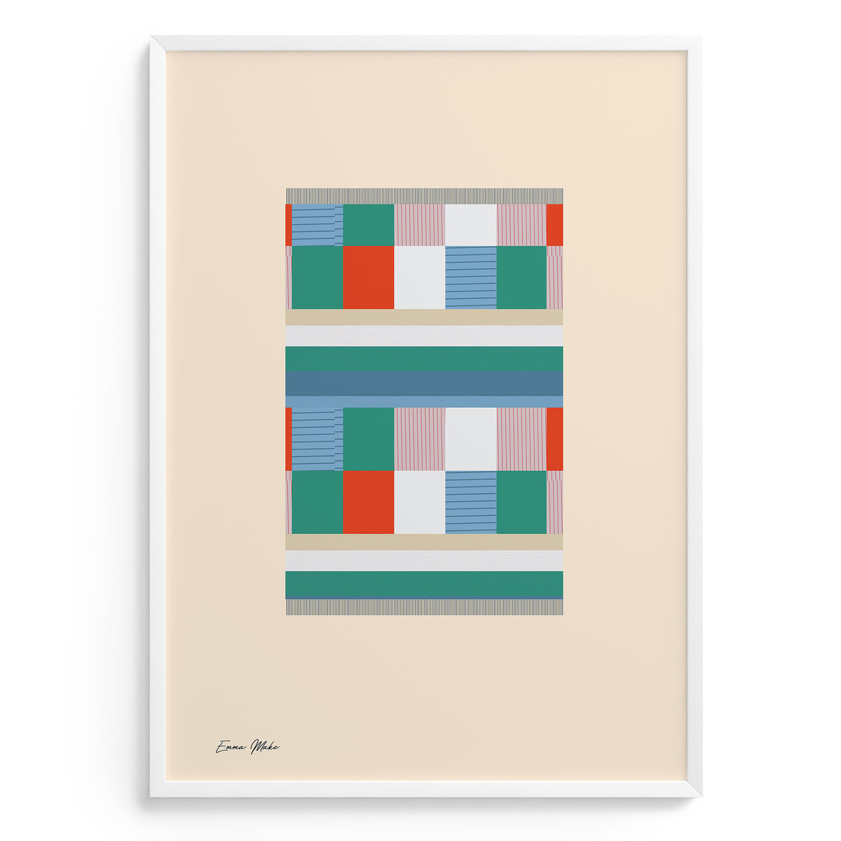 Framed abstract art print with geometric shapes on a beige background