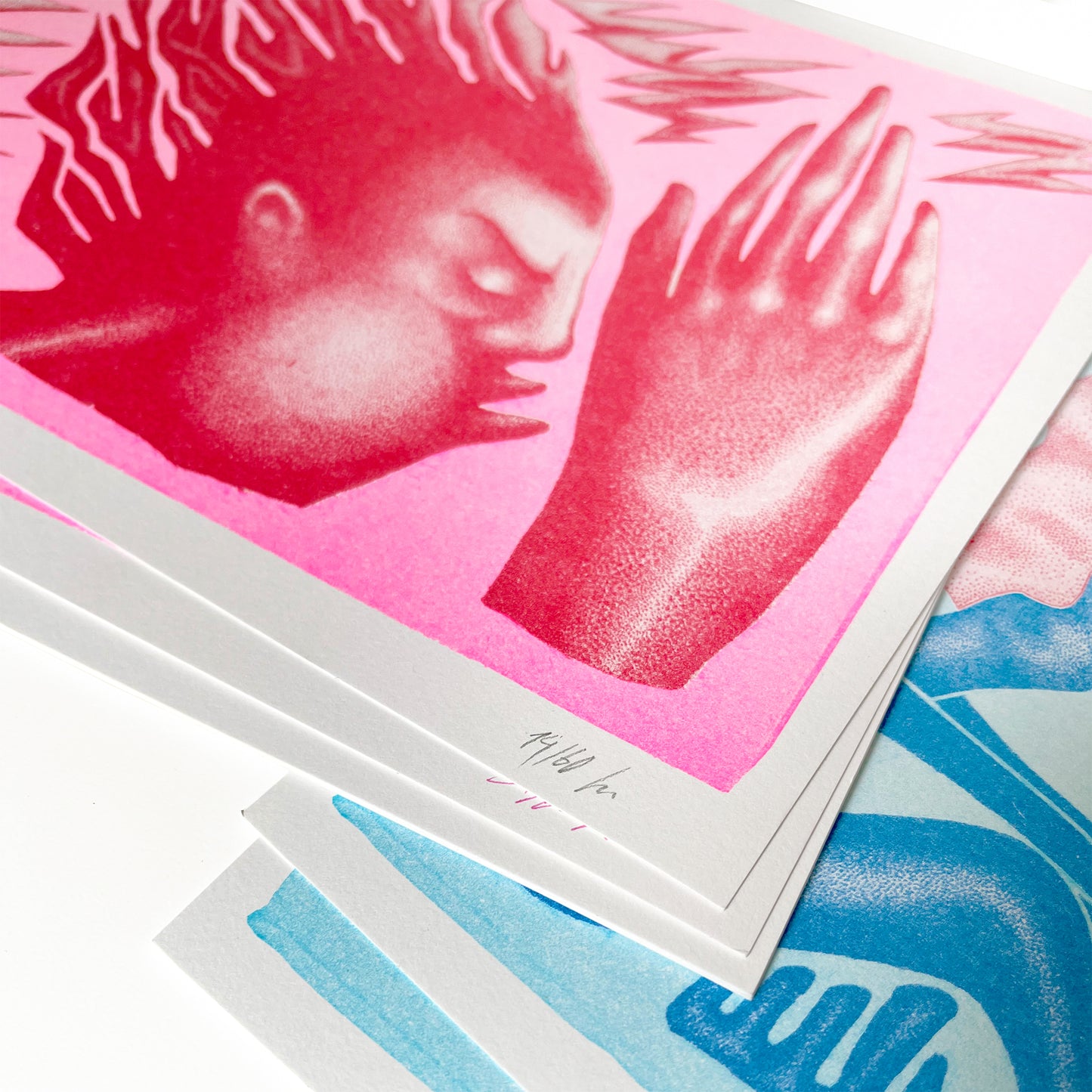 Limited edition riso poster in pink and red by German artist signature
