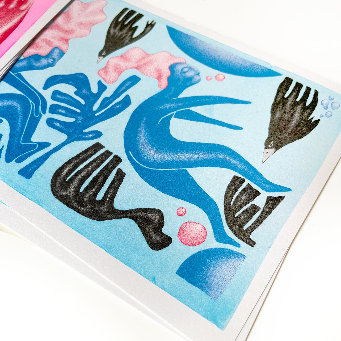 Limited edition riso poster in blue by Marvin Langner close up