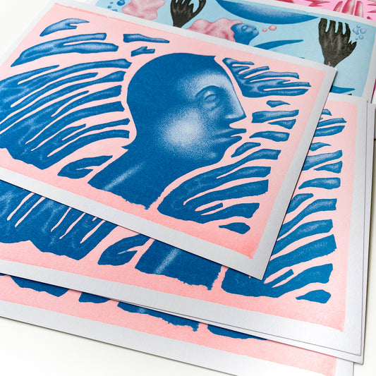 Limited edition riso poster in peach and blue with an abstract silhouette of a man close-up