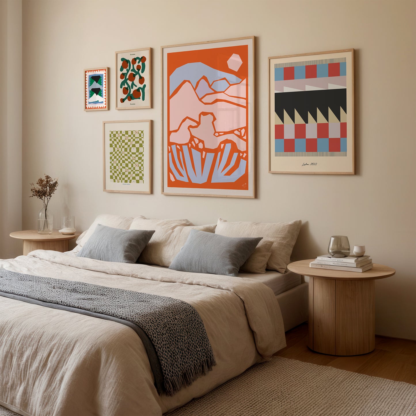 Bedroom with framed abstract artwork on the wall
