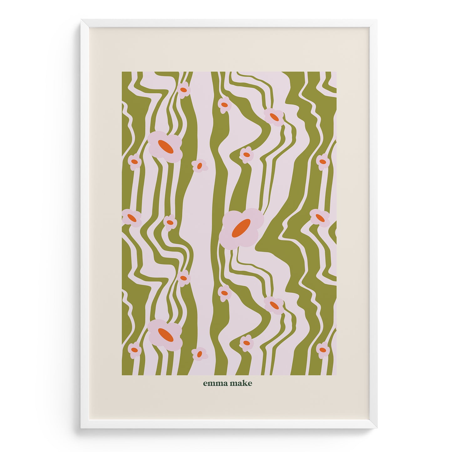Framed artwork with a green and white abstract pattern by emma make on a beige background