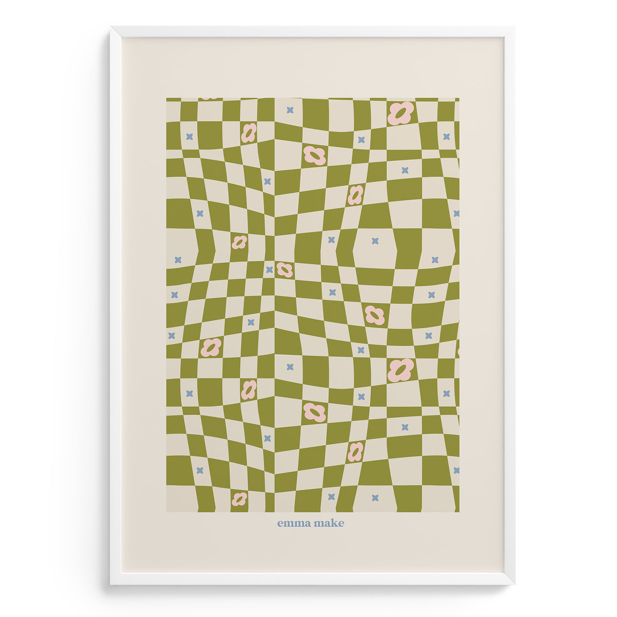 Framed artwork with a green and white checkered pattern on a beige background