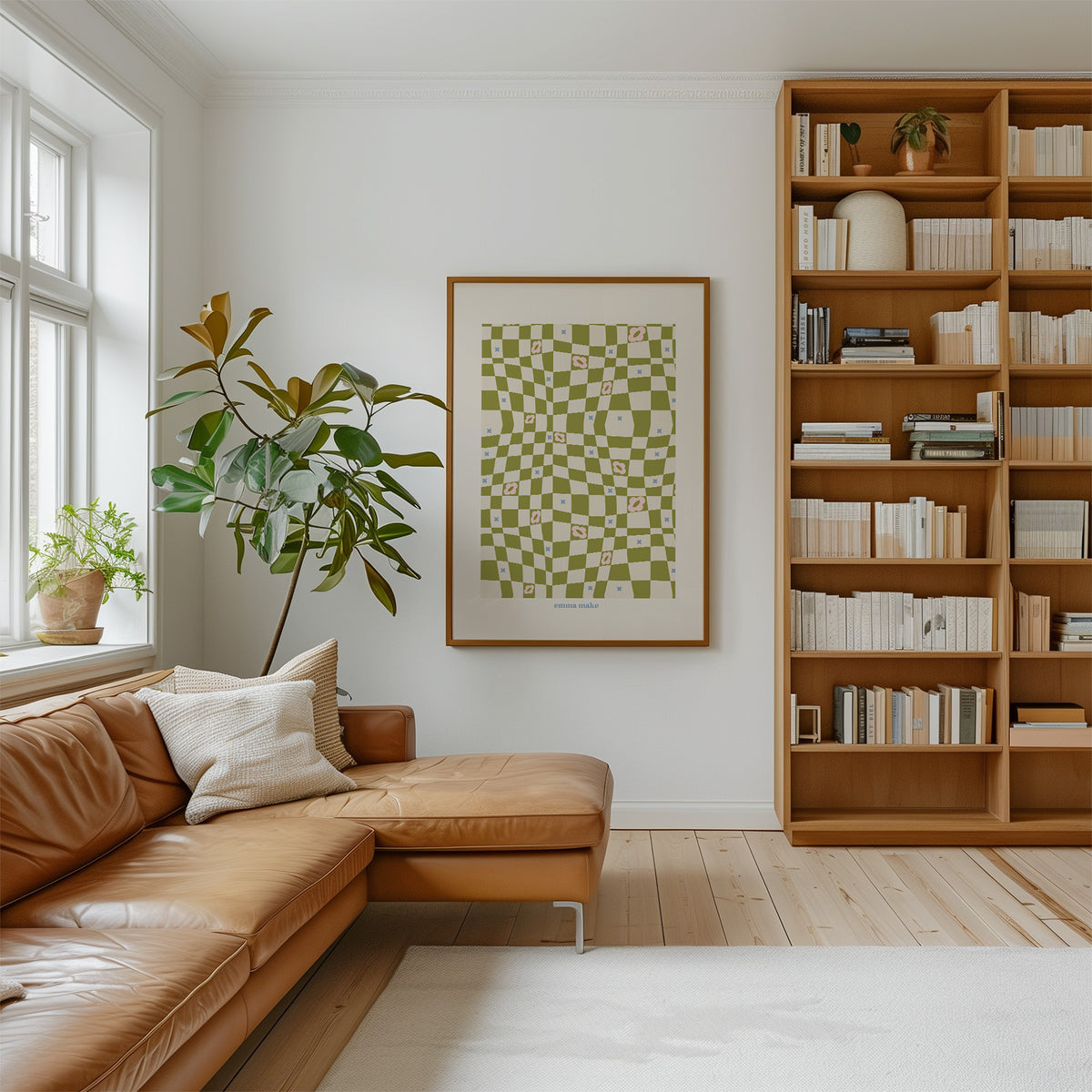 Green checkered print in a modern living room with brown leather sofa, bookshelf,