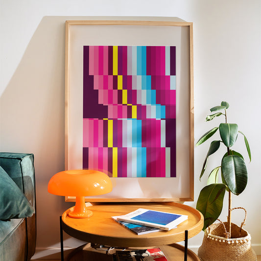Modern interior with abstract interior art print, orange lamp, and plant