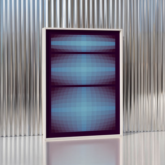 Framed abstract print with blue and purple gradient on a metallic wall.