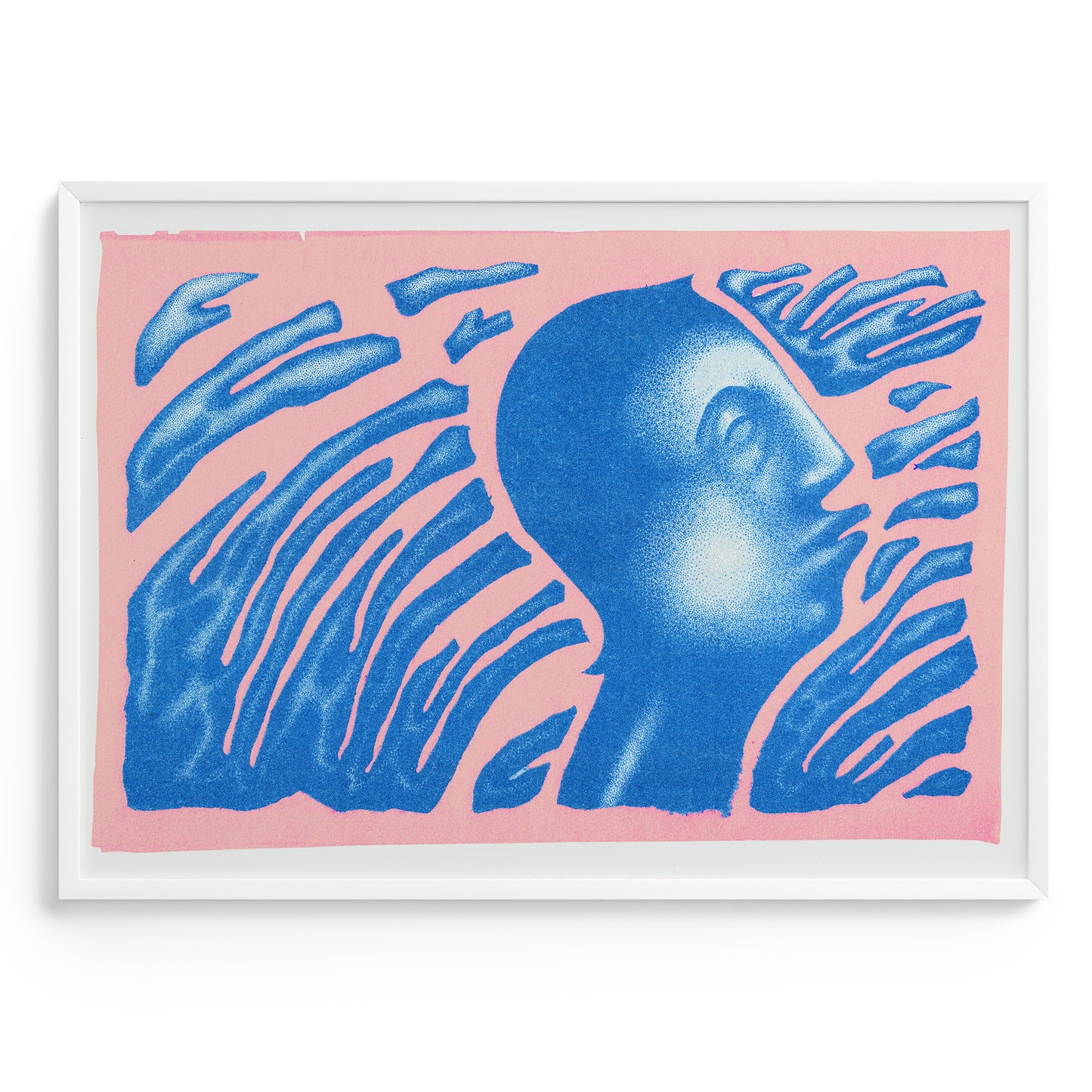 Limited edition riso poster in peach and blue with an abstract silhouette of a man