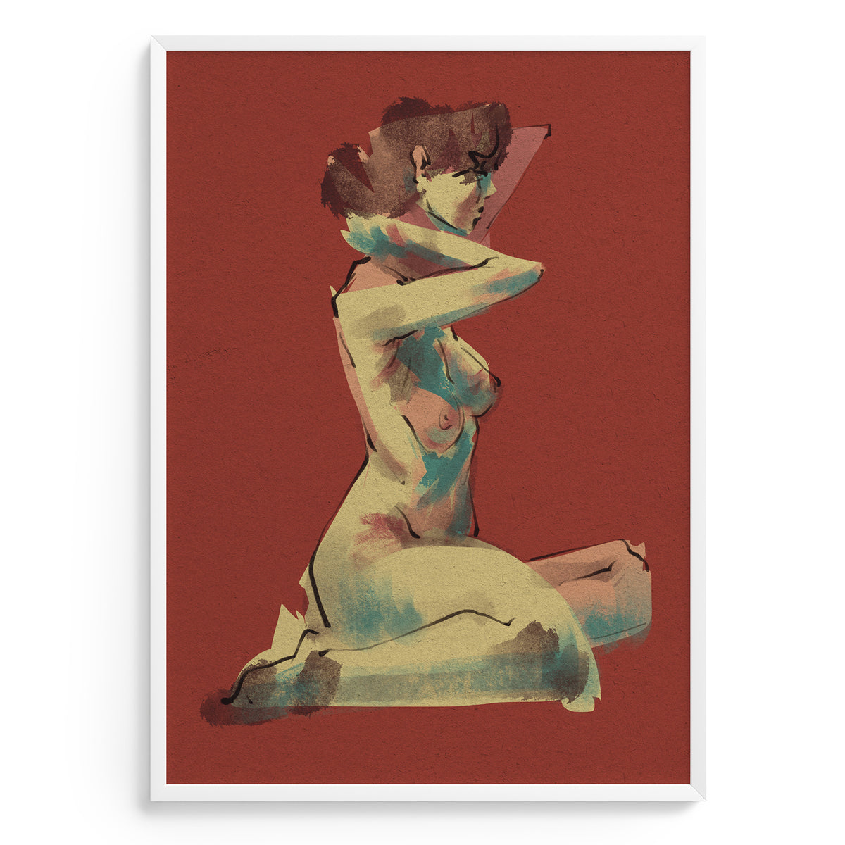 Artistic depiction of a nude figure on a red background
