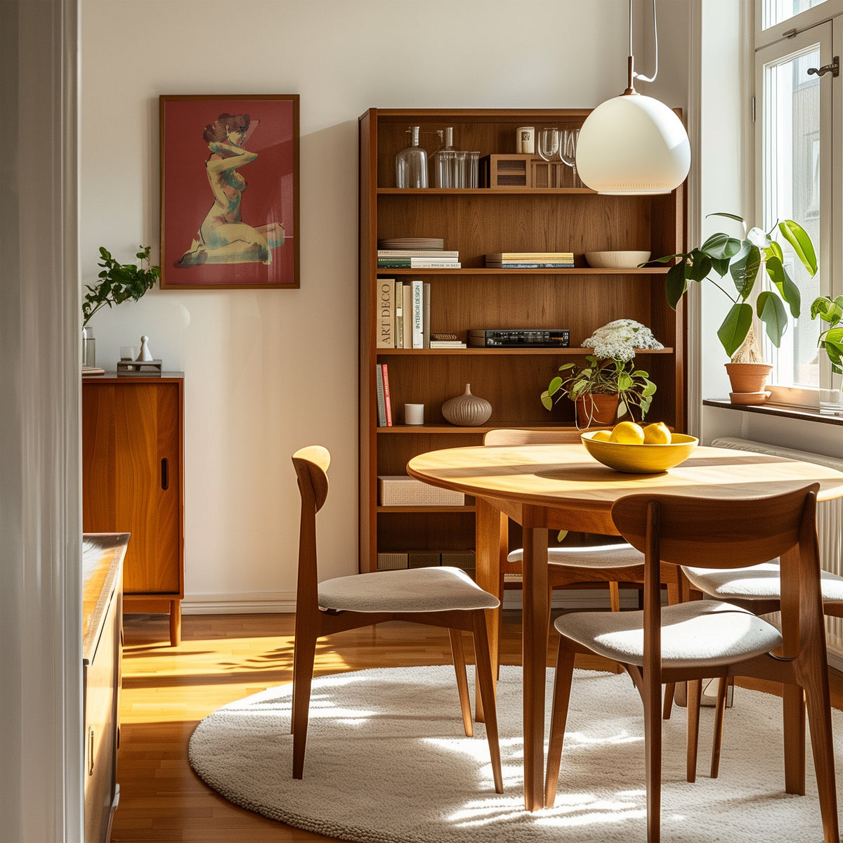 Red fine art print in a dining room with wooden table, chairs, and bookshelf.