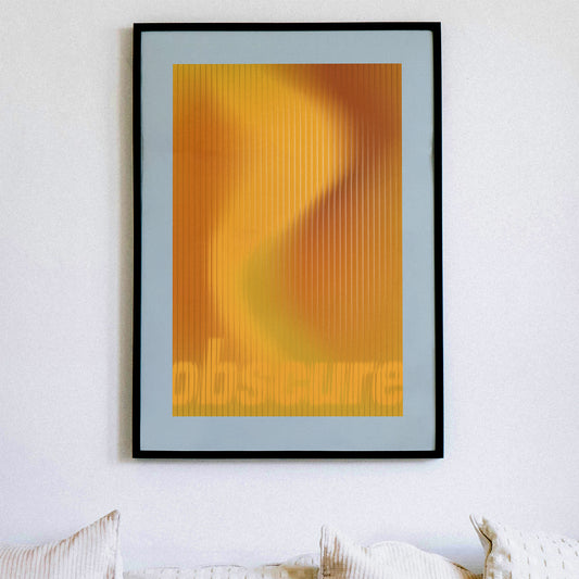 abstract interior poster in yellow-mustard colors and bold lettering in a black frame