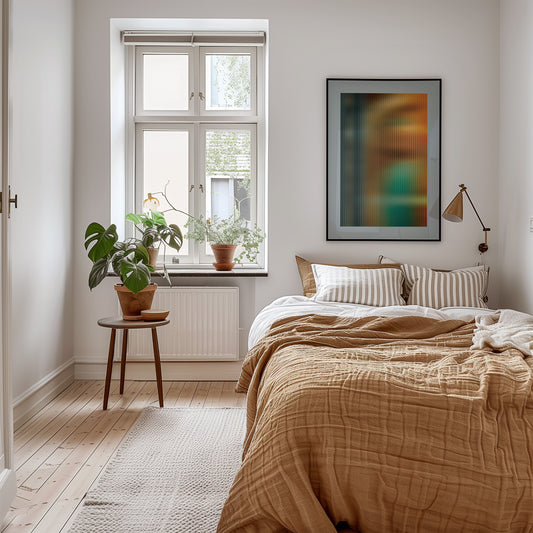 abstract interior poster in yellow-brown colors with ribbed glass effect on the wall in a bedroom