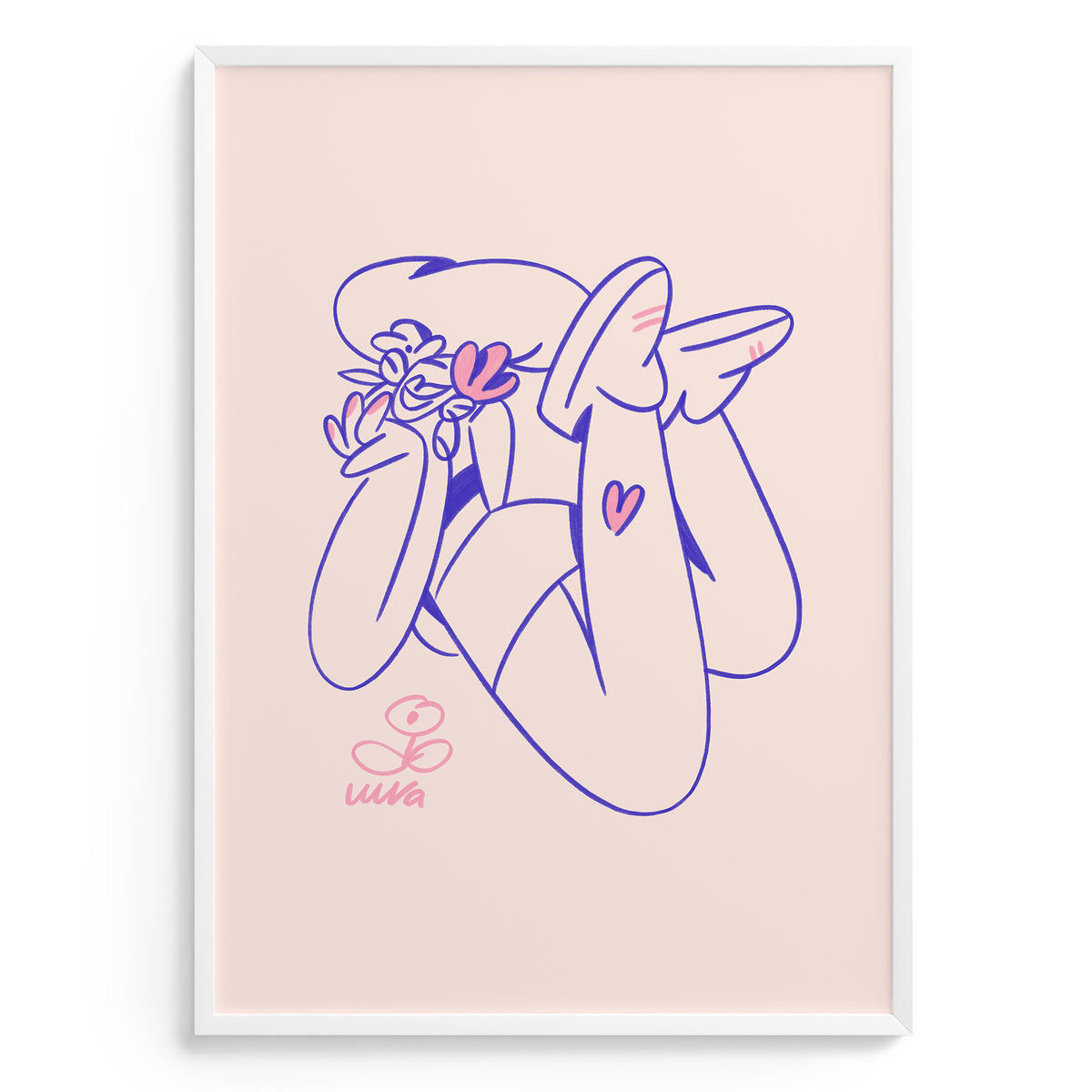 Illustration of a stylized character with hearts on a pink background