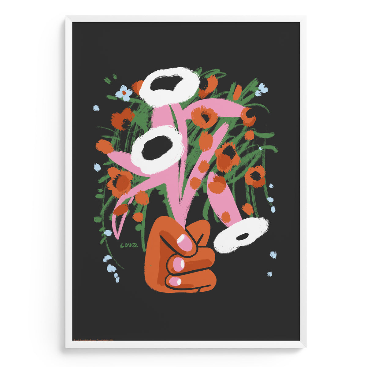 Colorful illustration of a hand holding flowers on a black background