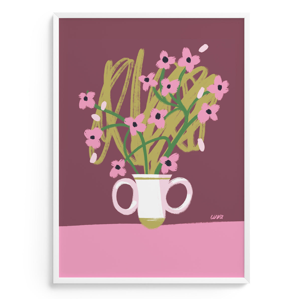 Art print of a vase with pink flowers on a purple background