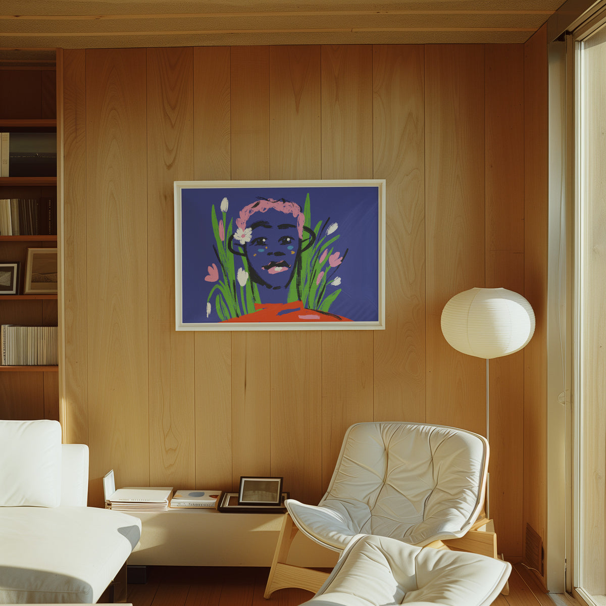 Living room with a white armchair, lamp, and framed blue artwork by Levo on a wooden wall.