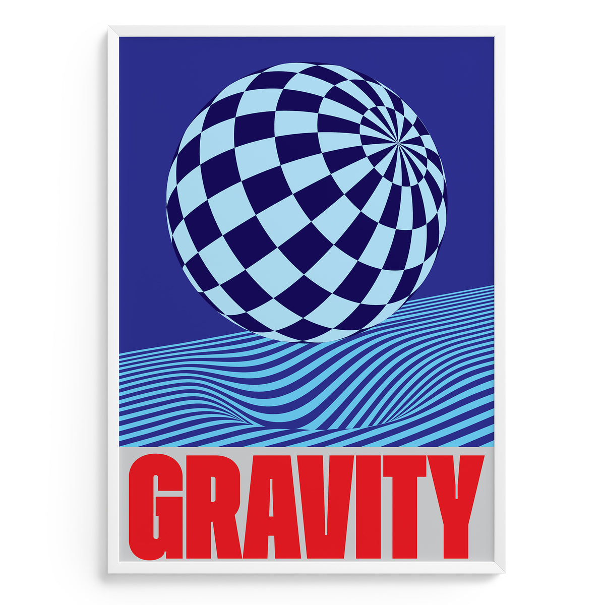Checkered sphere with wavy ground and 'GRAVITY' text on a blue background