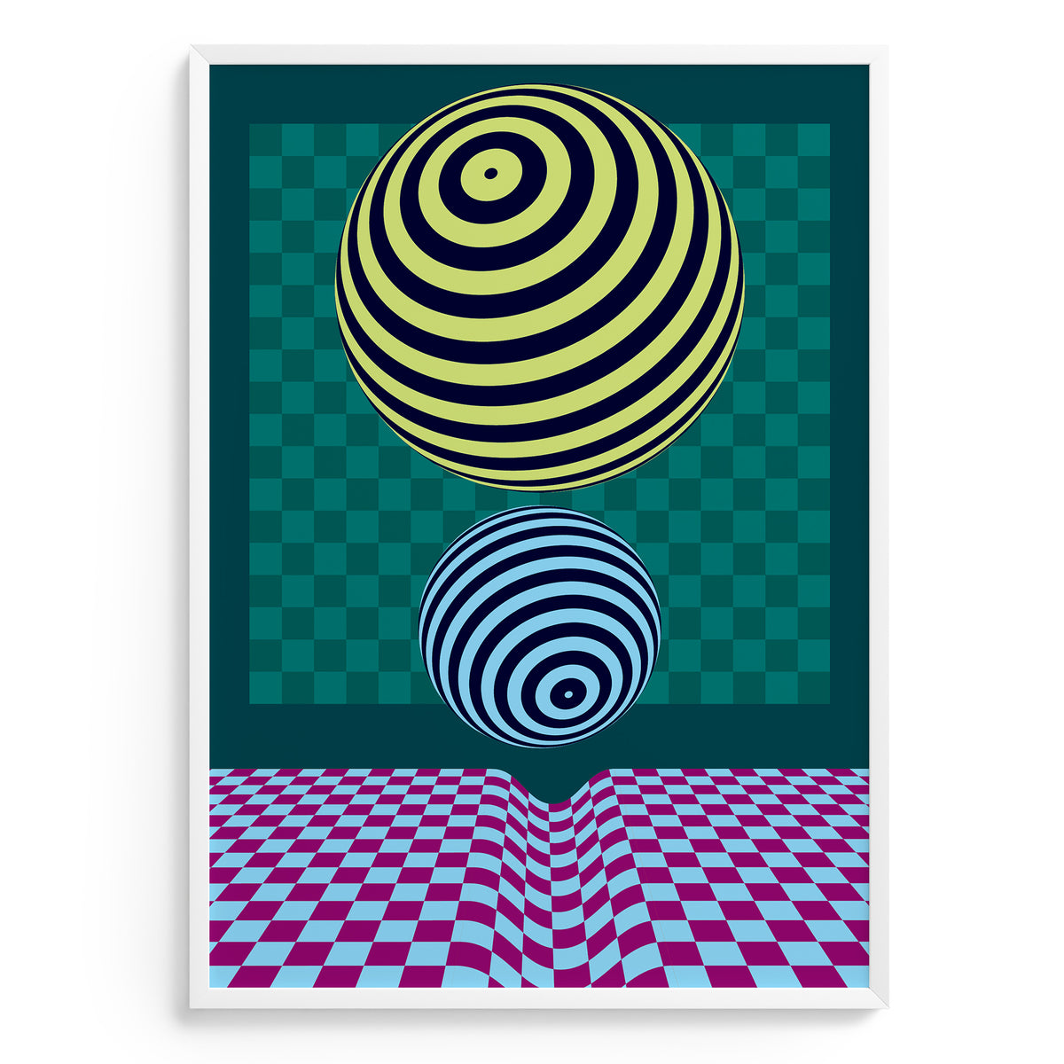 Op art design with striped spheres on a checkered background
