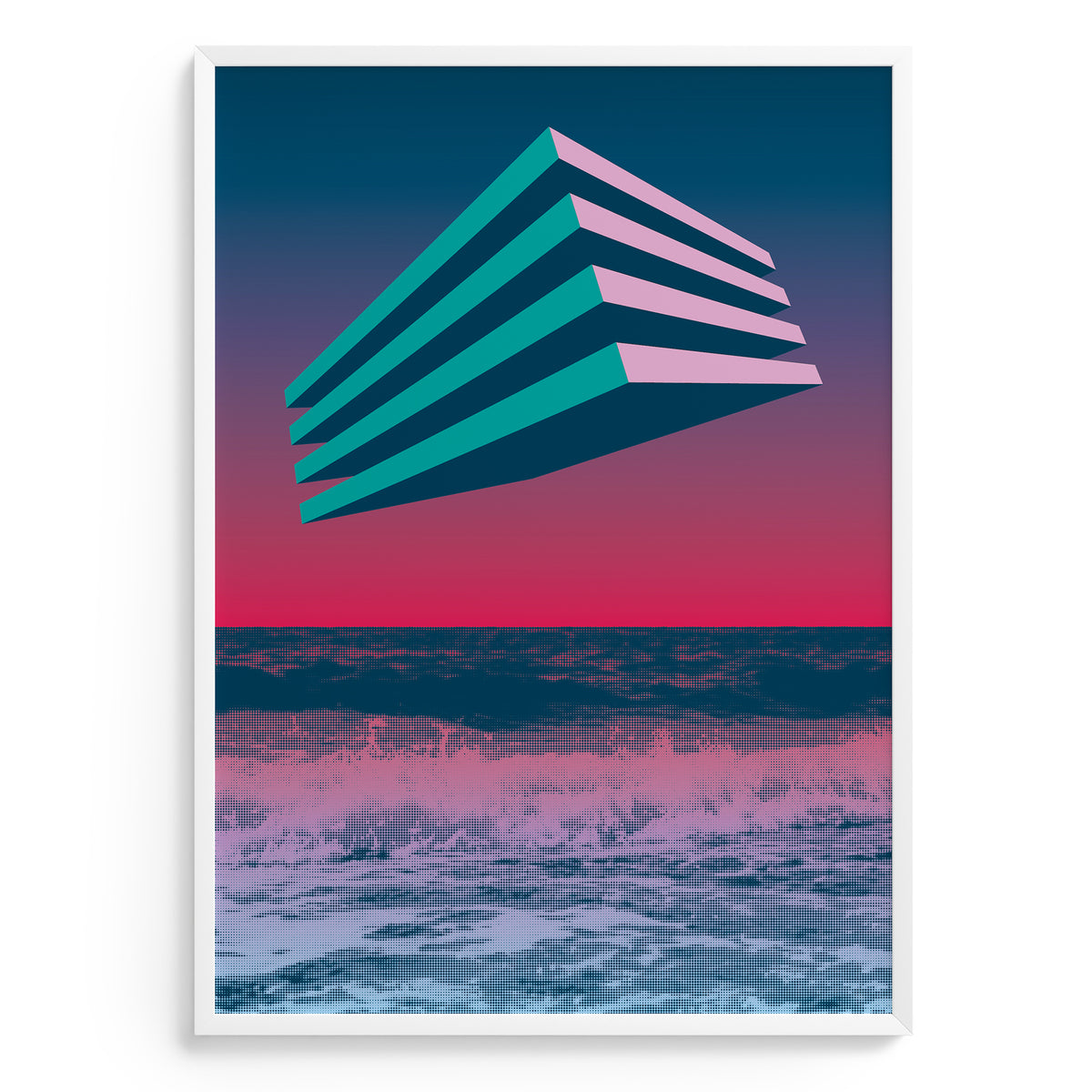 Futuristic design poster against a gradient sky with ocean at the bottom