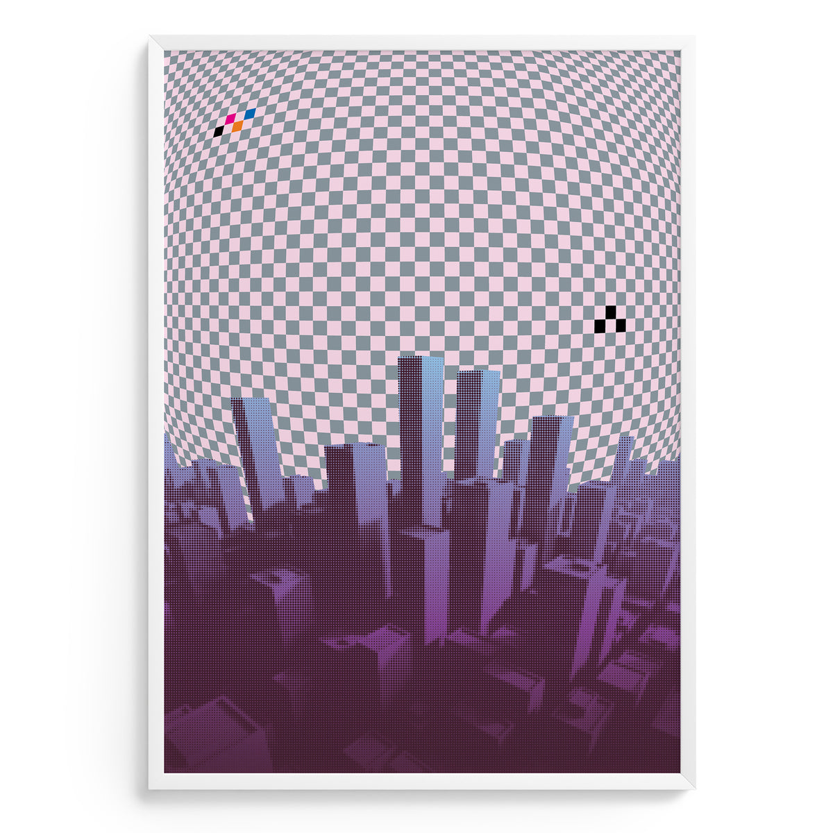 Cityscape design poster with checkered pattern overlay on a white background