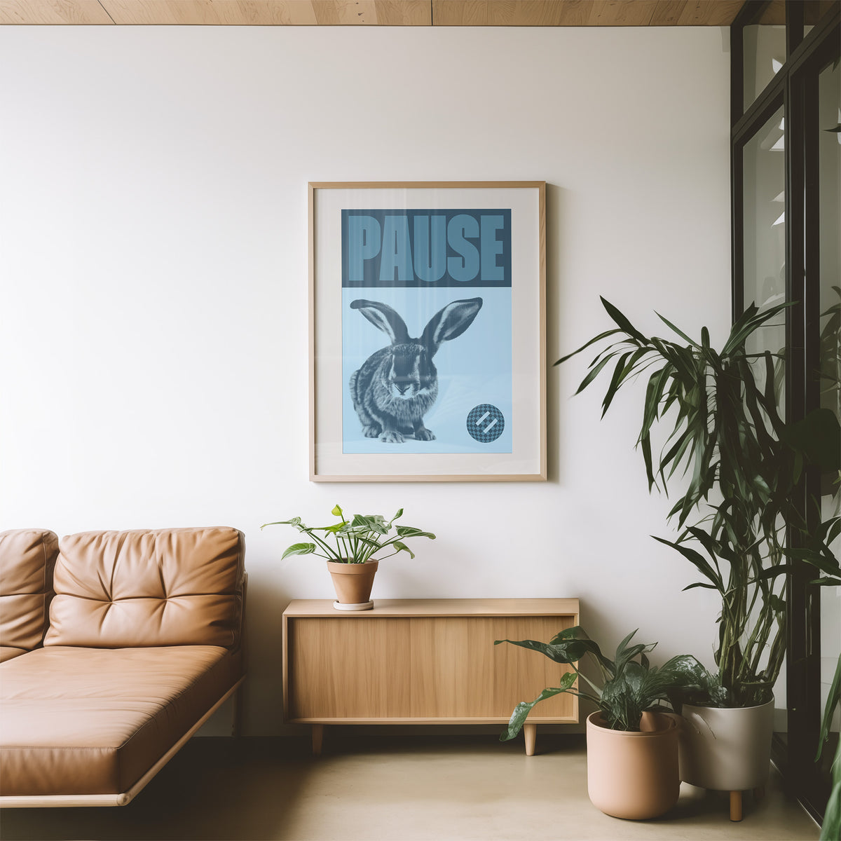 Living room with a brown sofa, wooden cabinet, and framed poster on the wall.