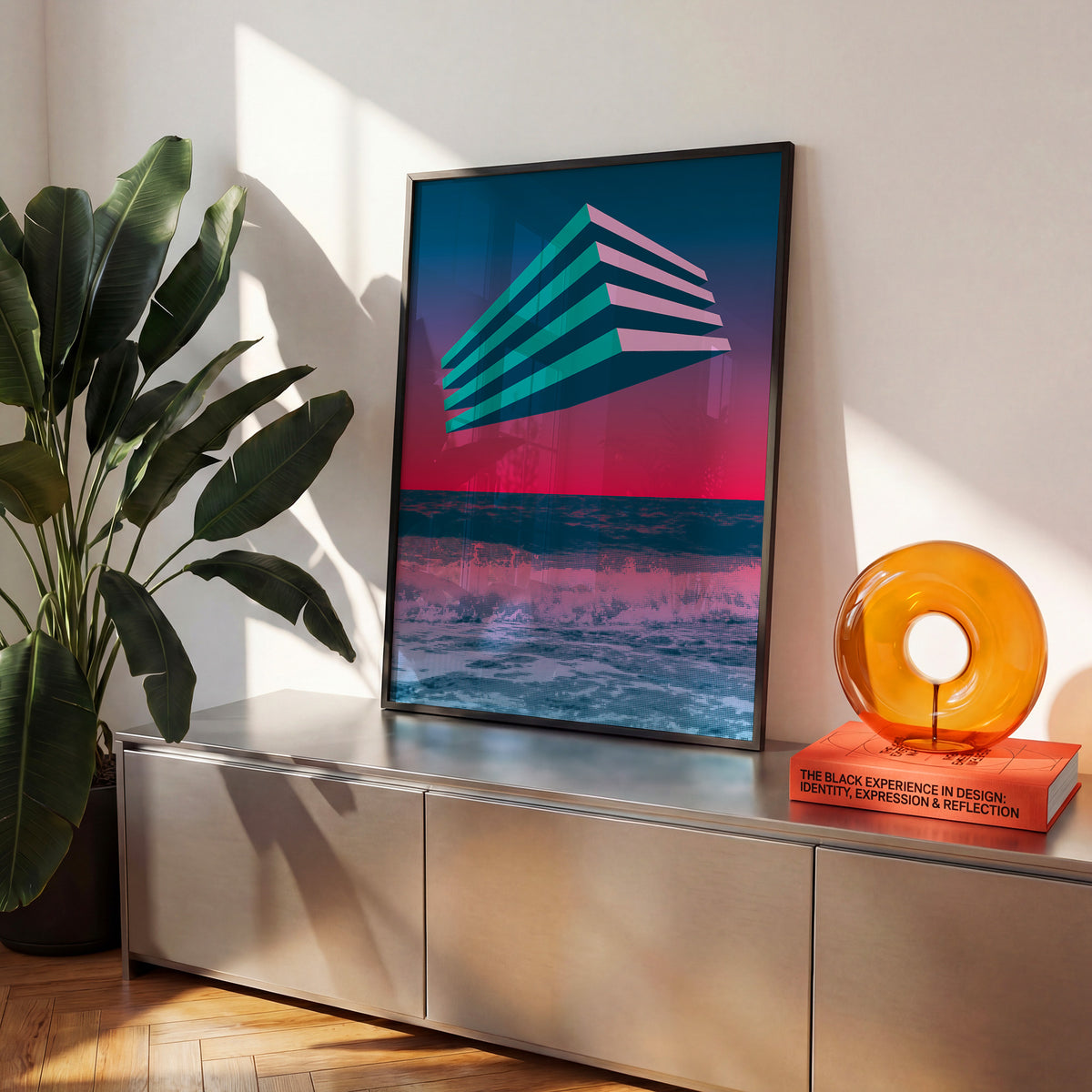 Modern abstract print by Levö in a black frame in a living room