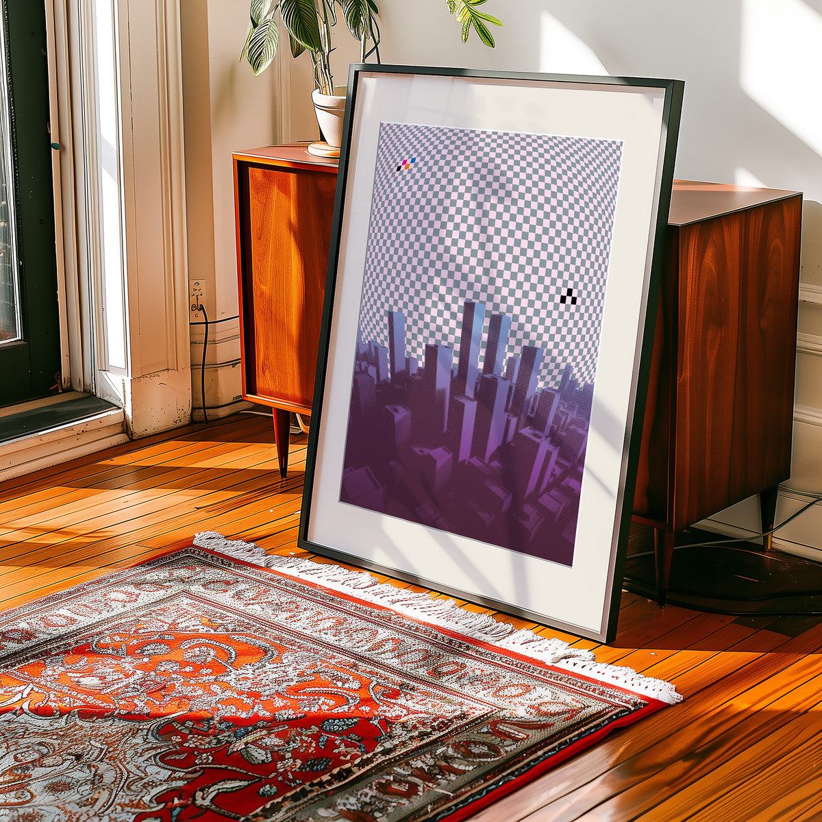 Framed artwork on a wooden floor with a patterned rug and wooden cabinet in the background