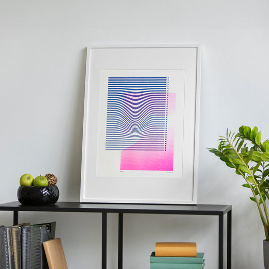 Limited edition art work in blue and pink on the book shelves