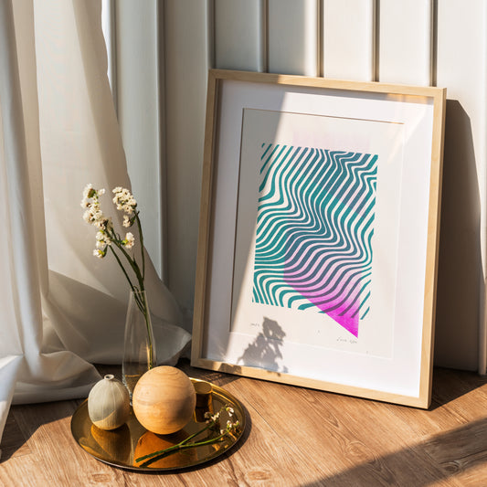 Limited edition poster Volna in teal and pink in a wooden frame