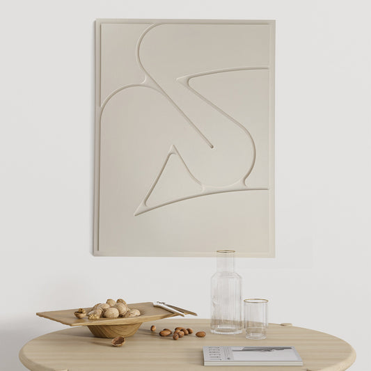 Wall relief Abstract Sculptural Painting in beige on the wall above a table