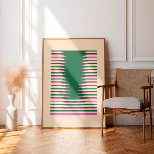 Digital printing poster Povetrie with green and pink abstract lines in a wooden frame with a chair