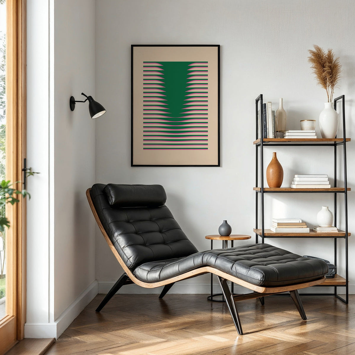 Digital printing poster Povetrie with green and pink abstract lines in a black frame in a living room