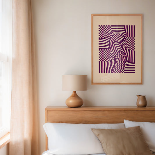 Wall Art Povetrie in violet and beige in a wooden frame on the wall in a bedroom
