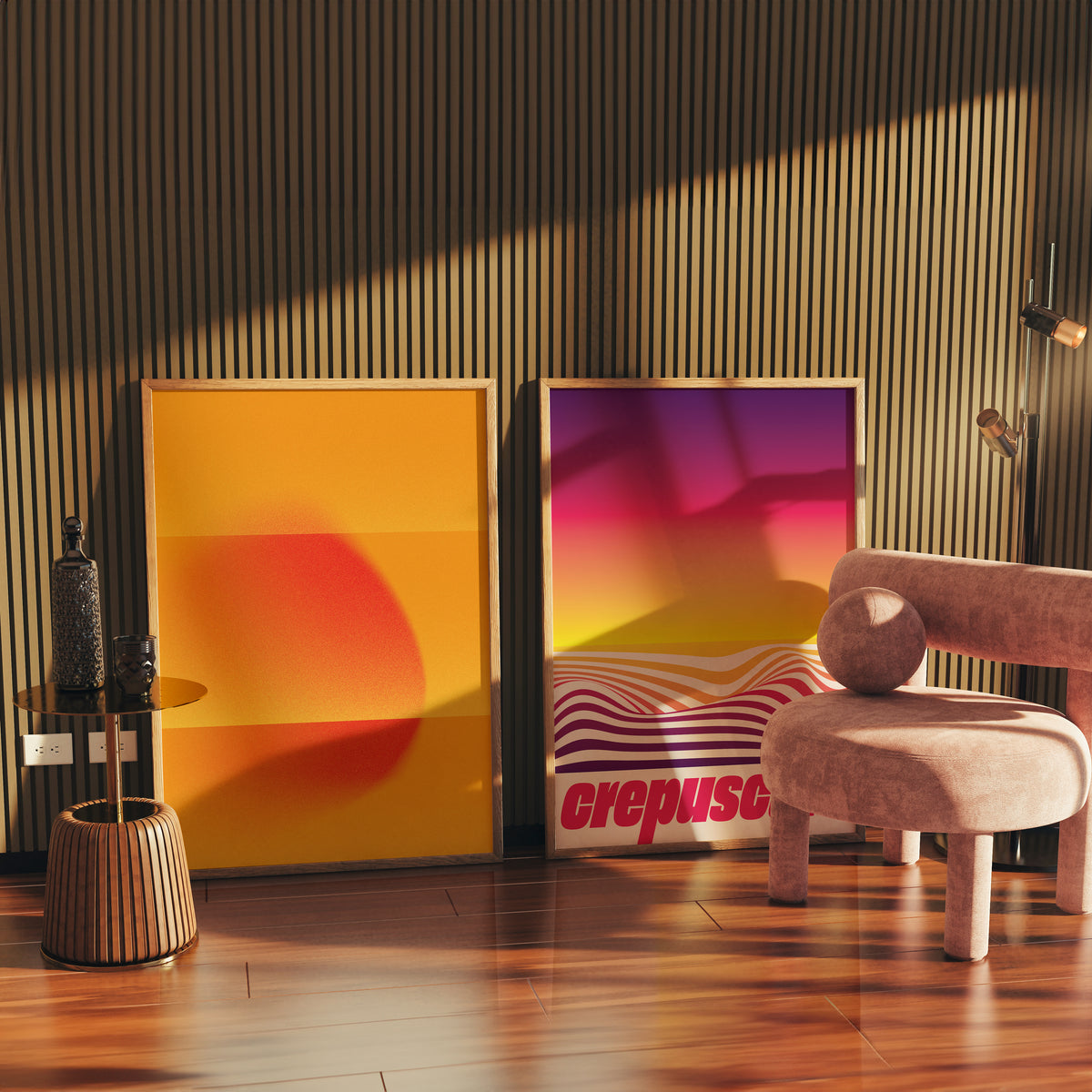 Two posters in wooden frames in Elegant Retro House