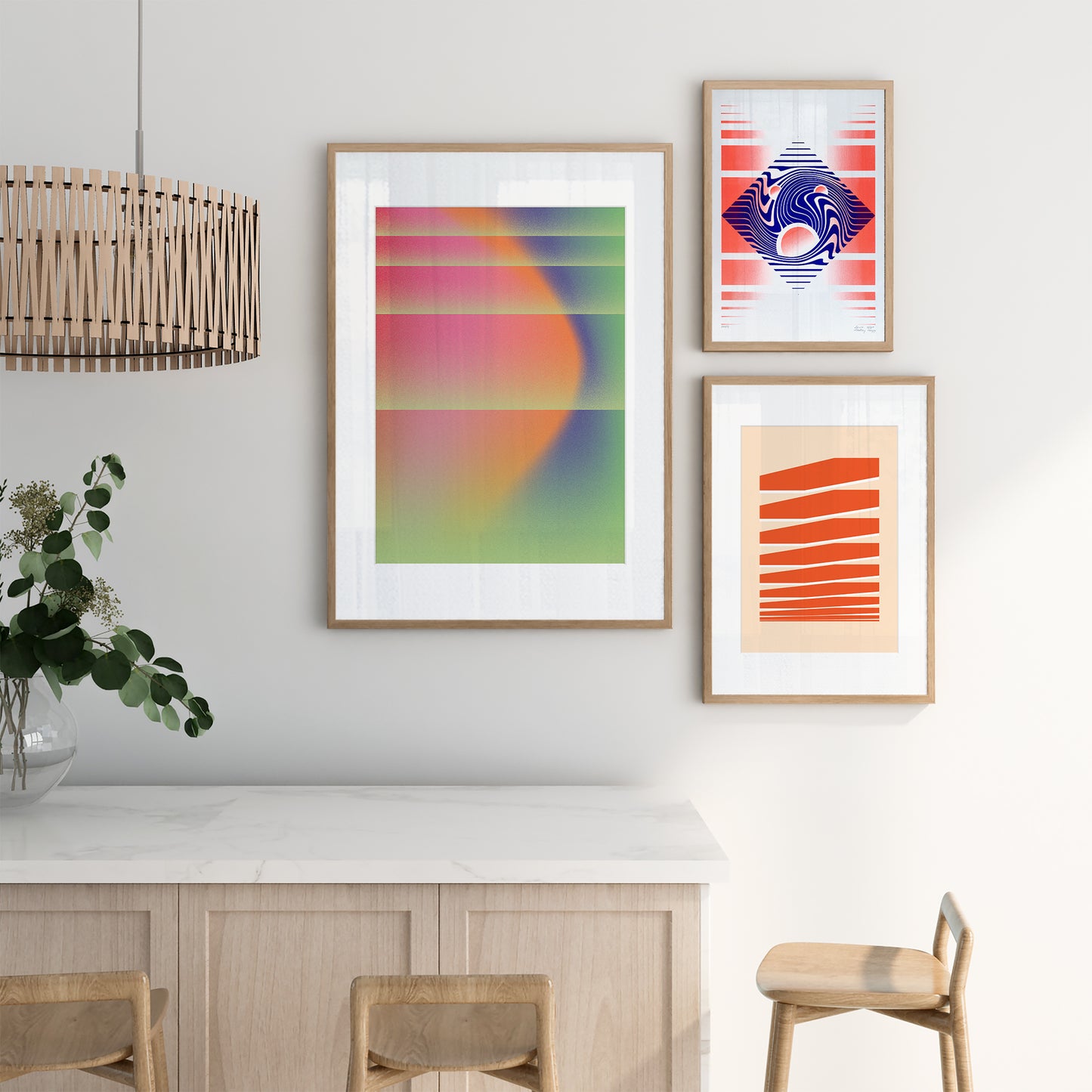 three bight posters on the wall