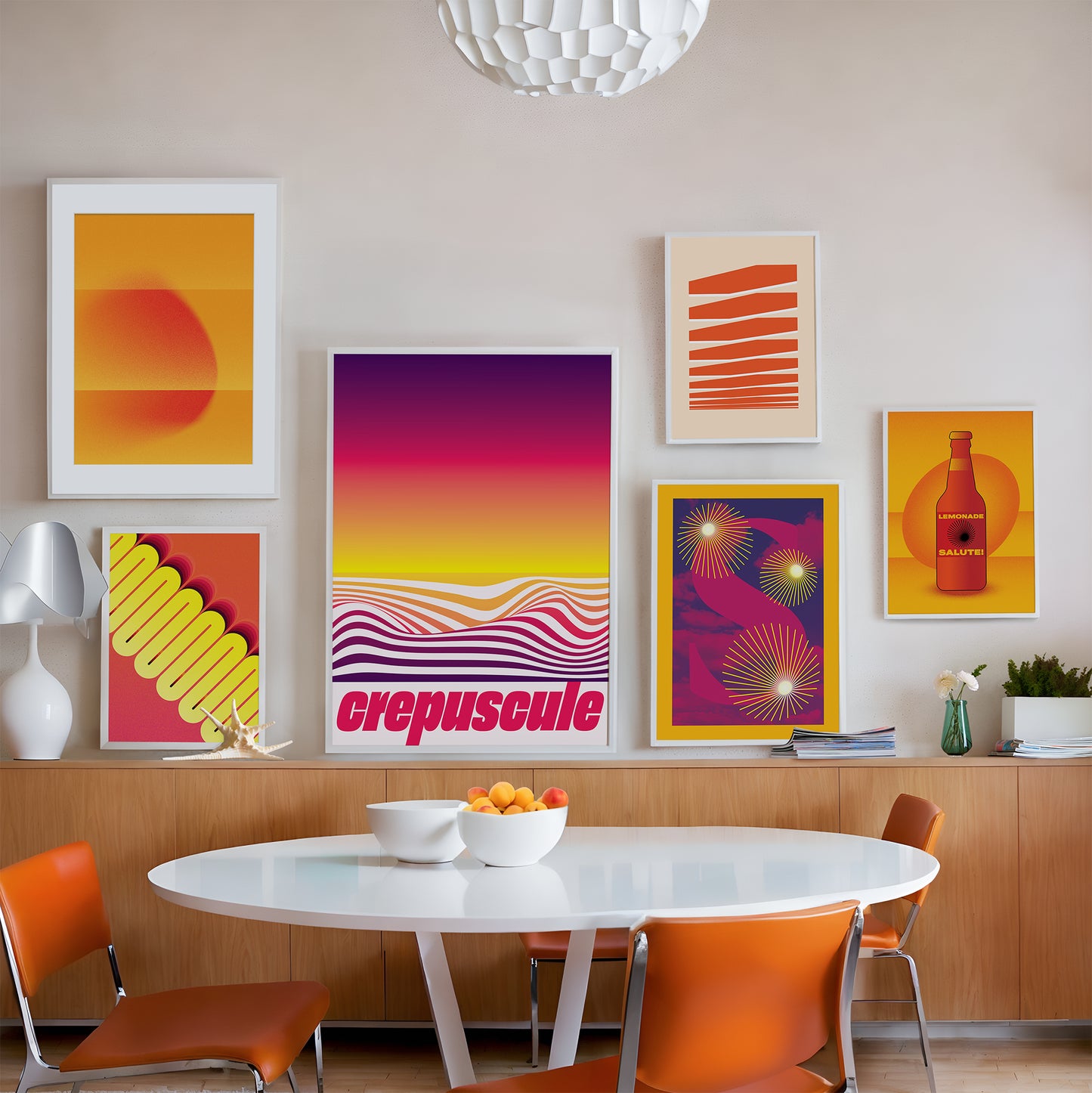 Wall gallery bright posters in a dining room
