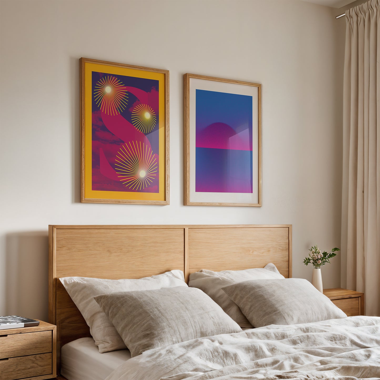 Two bright abstarct interior posters in a bedroom wall art and prints