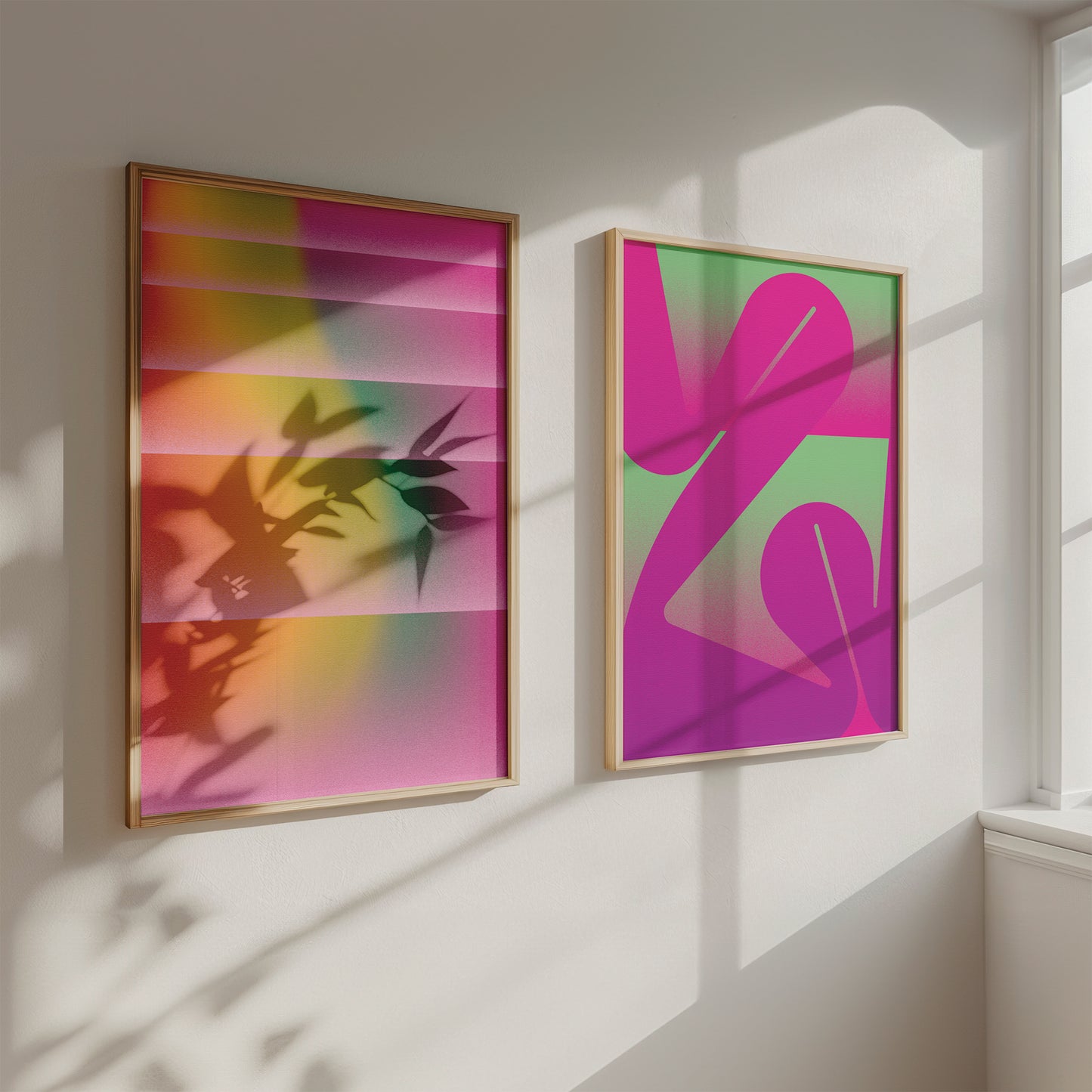 Two bright big posters with gradients and grain texture in wooden frames wall art by Levö