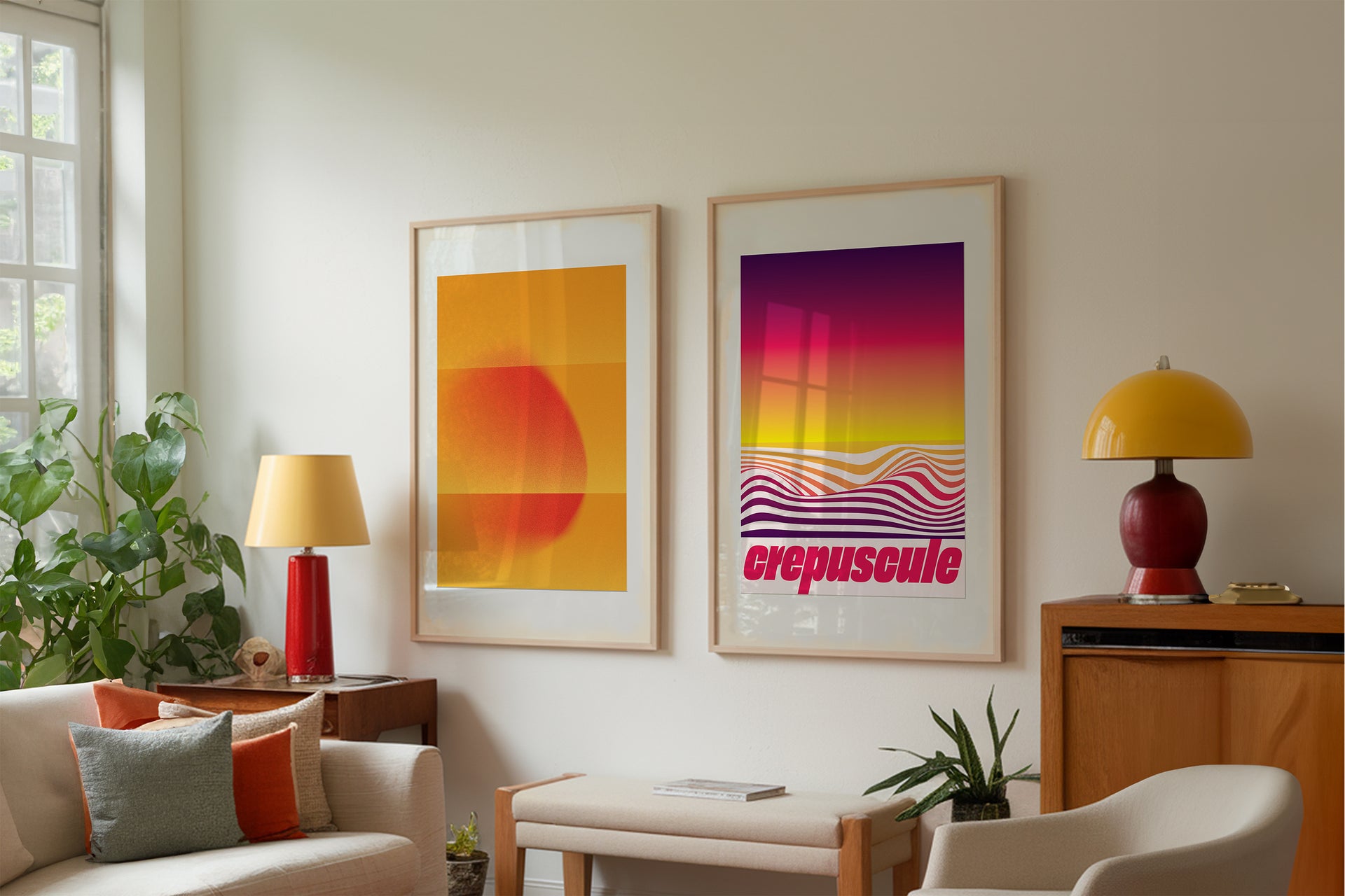 Two bright interior posters in wooden frames on the wall in a living room