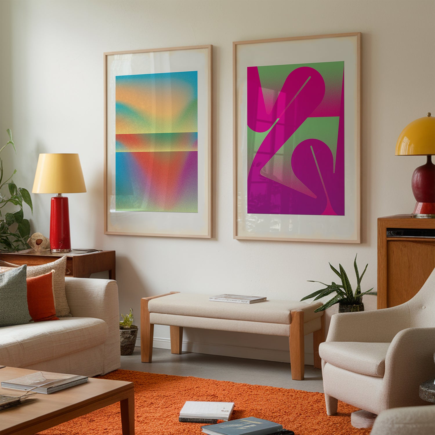 Two big bright interior posters wall art in a cozy living room