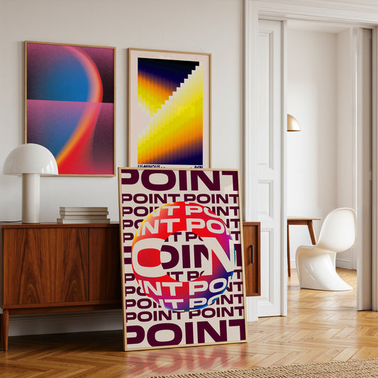 Modern interior with abstract art and a 'POINT' poster