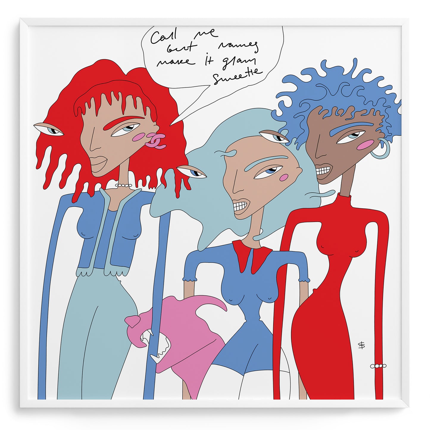 bright blue red interior poster with three frends women