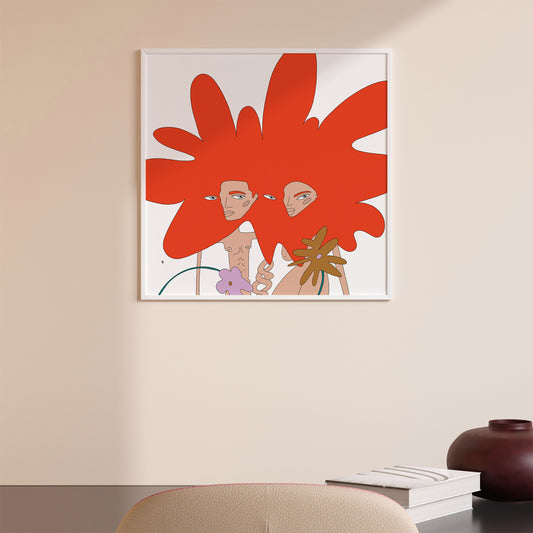 love poster with two abstract figures in red on the wall